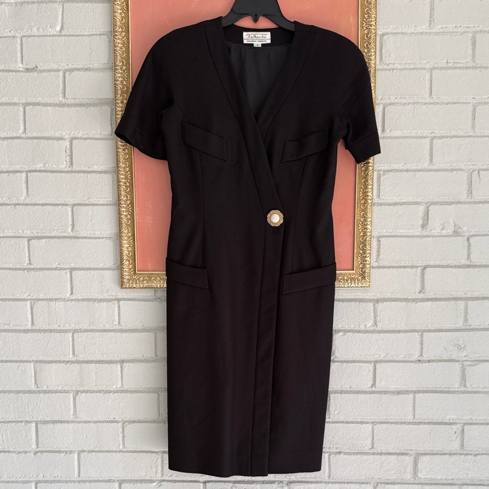 Vintage 80s 90s Constance Saunders Talbots Black Midi Dress w Brass Pearl Button